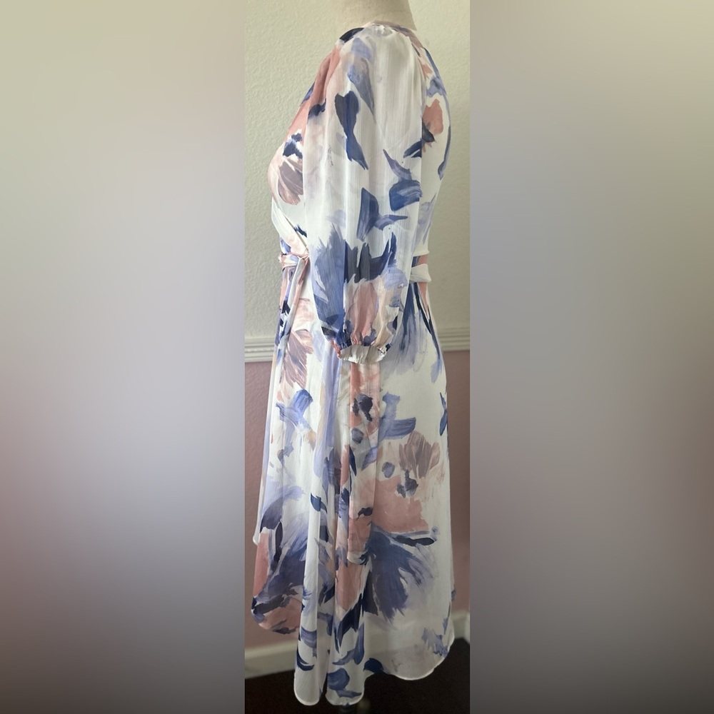 DKNY Blue and Pink Wrap Sundress with Bishop Sleeves - Picture 6 of 12